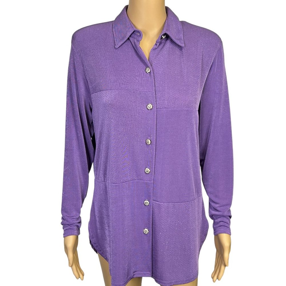 Lori of California By Am Casuals Womens S Purple Button Up Stretch Blouse Shirt
